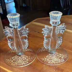 1930s Antique Paden City Glass Crystal Maya Candlestick Holders 6.5" etched Pair